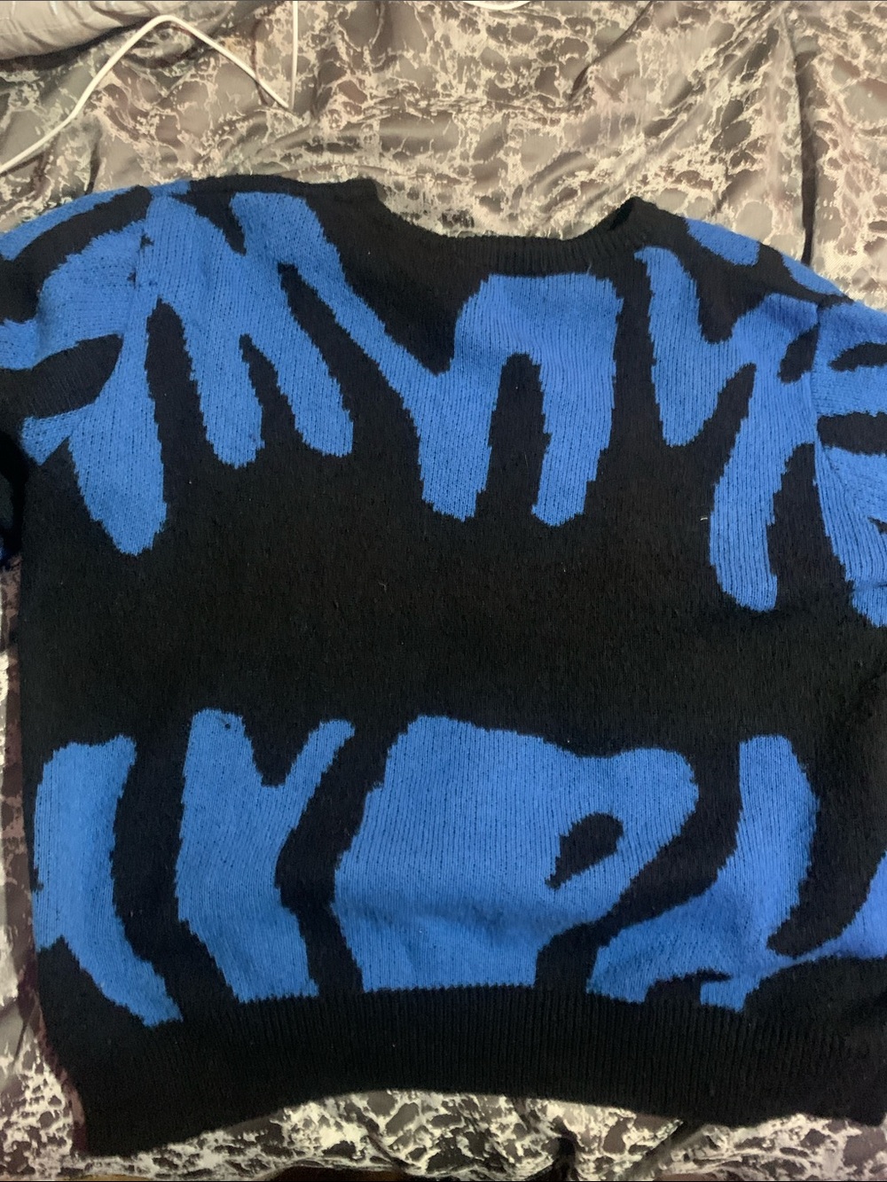 Men's Black Crewneck Sweater with Blue Abstract Pattern